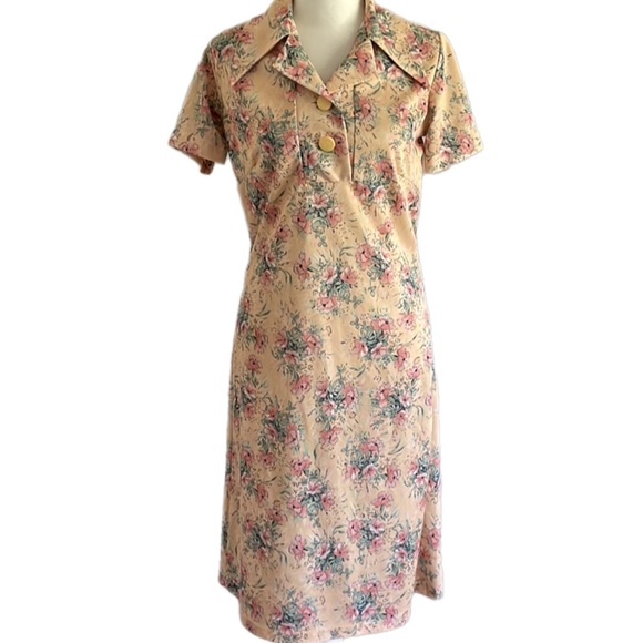 Vintage 80s Light Yellow Pink Floral Collared Shift Dress - Picture 2 of 11